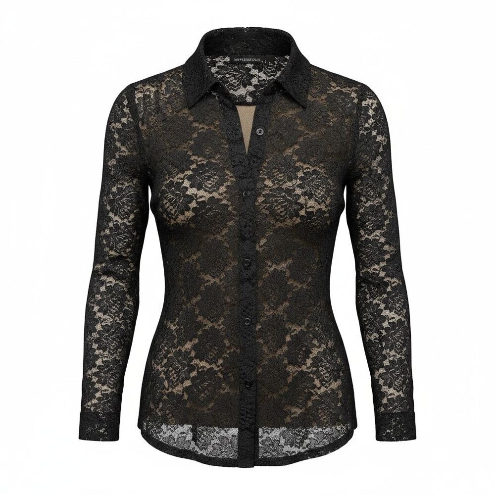 Y2K Sheer Lace Black Shirt Small Dark Fairy Grunge Whimsigoth Floral Romantic